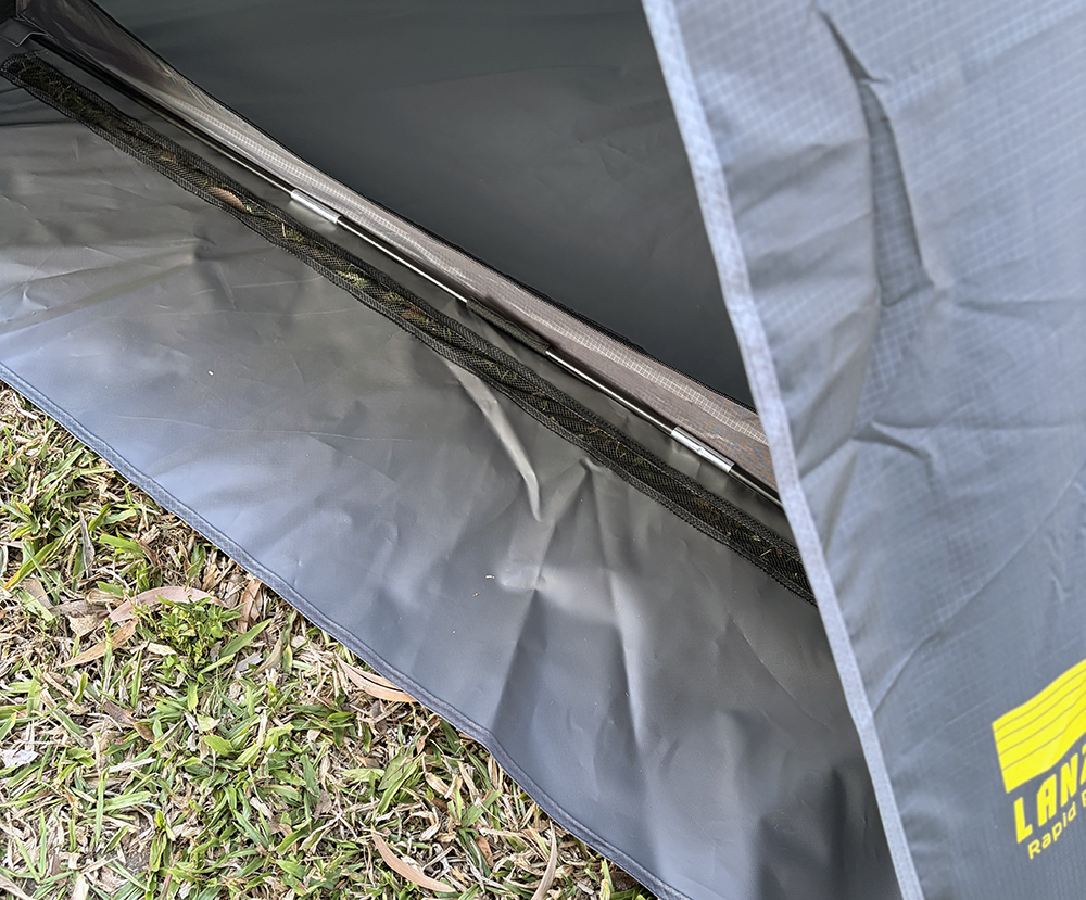 Close up of mesh along front door to make sure water doesn't flow into RapidPack swag tent