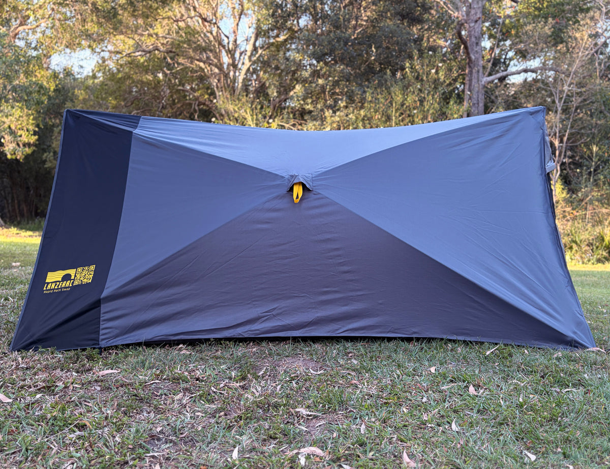 Side view of RapidPack popup swag tent for two people