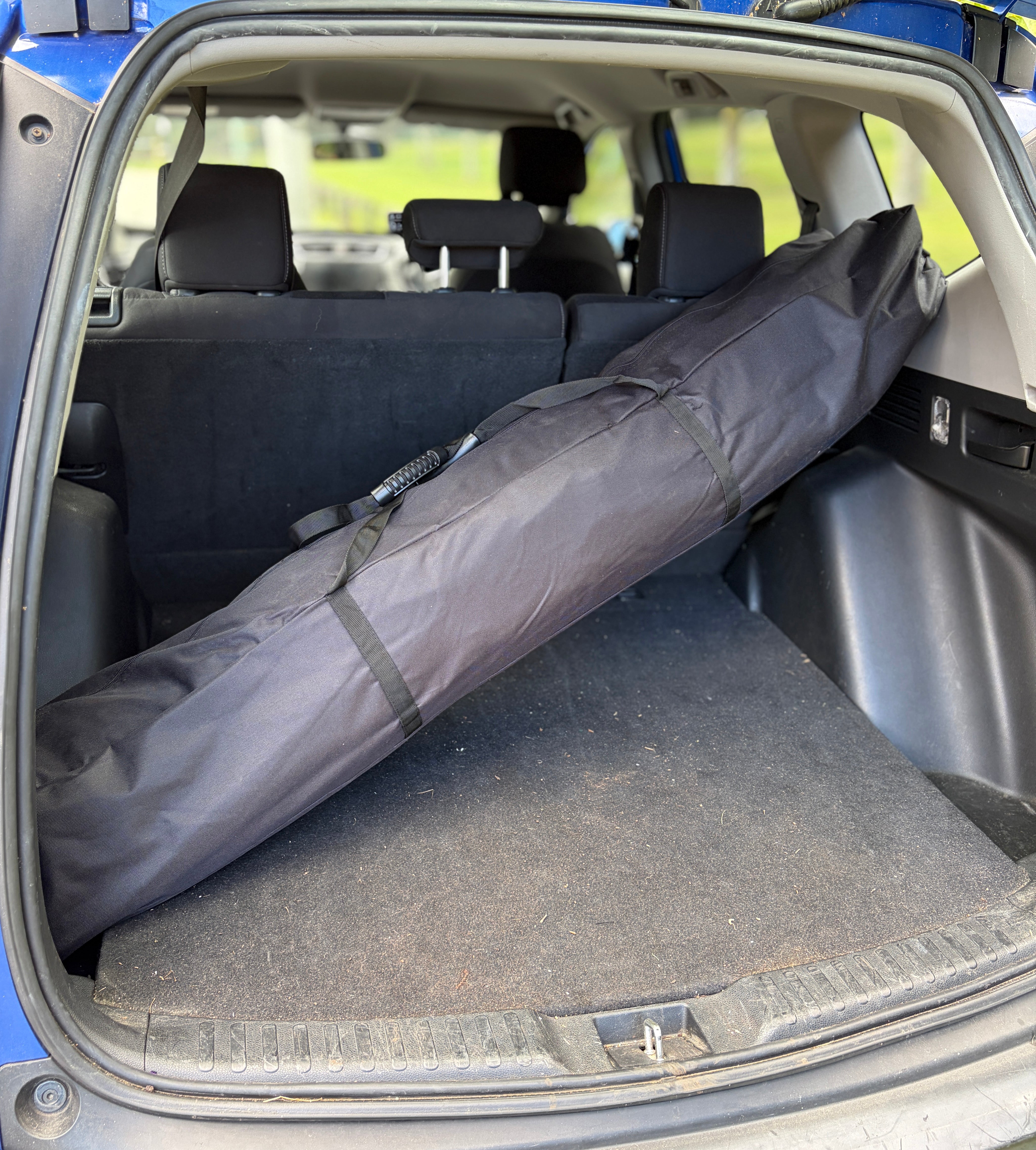 RapidPack pop up tent bag is 163 cm long and fits easily inside a medium sized suv.