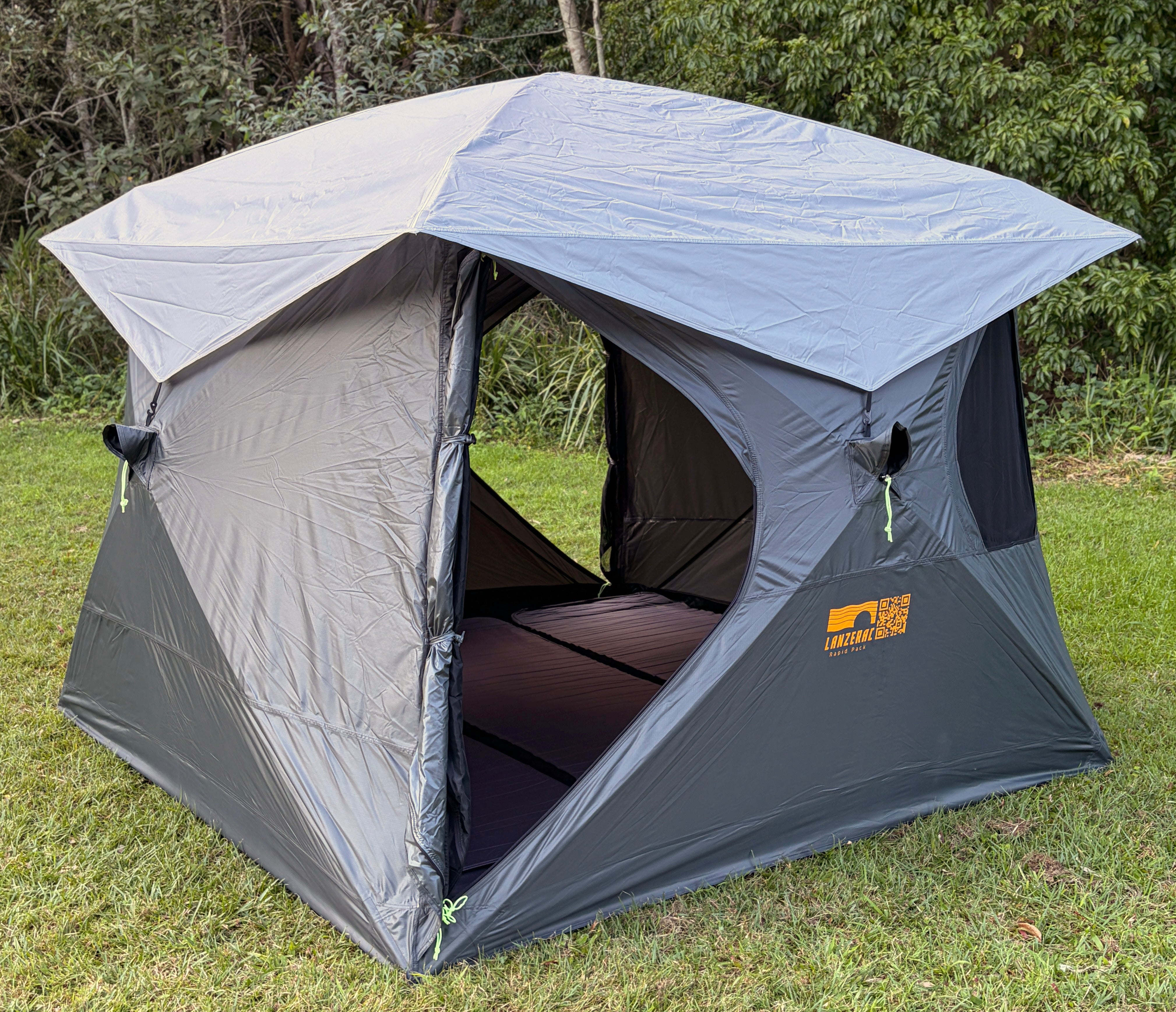RapidPack pop up tent with three full sized camping mattresses