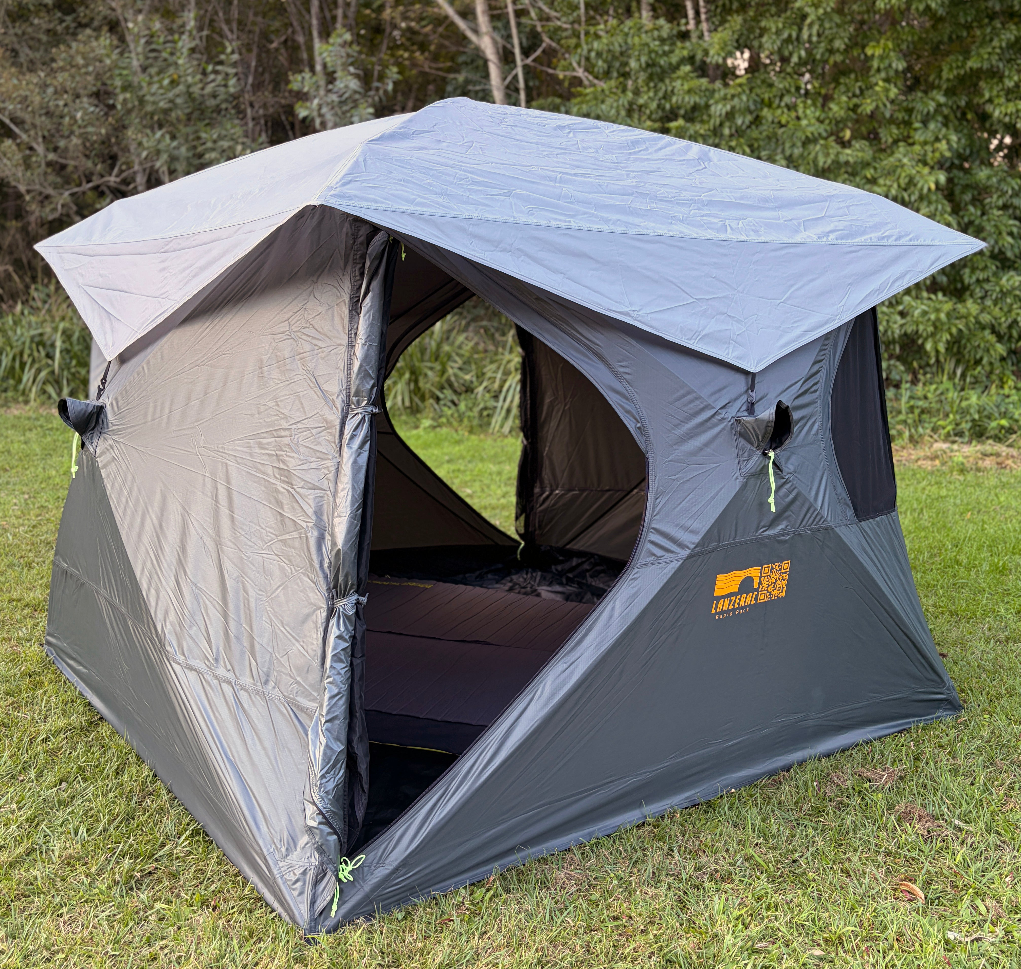 RapidPack pop up tent with three full sized camping mattresses