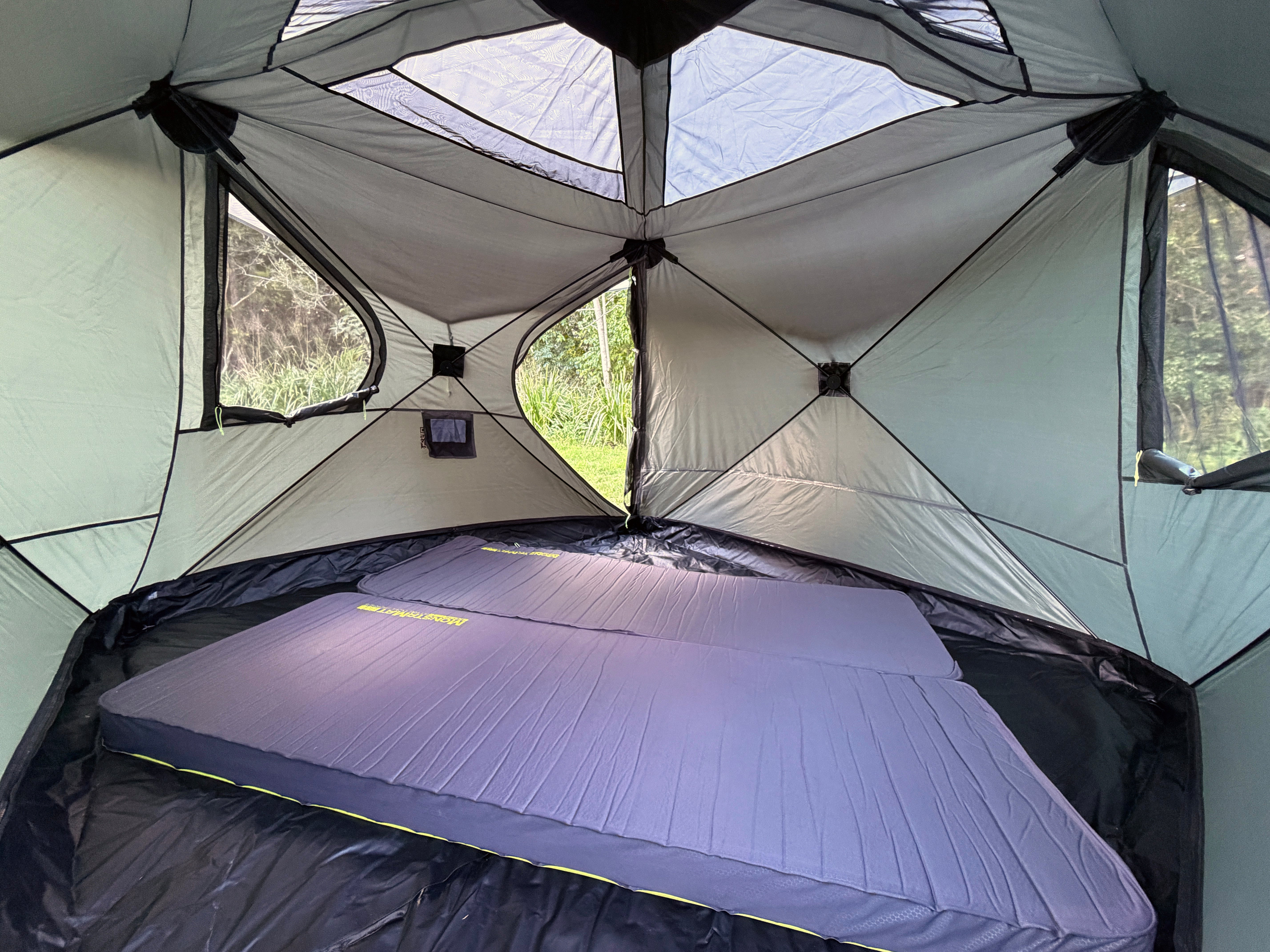 RapidPack pop up tent spacious interior with two full sized camping mattresses